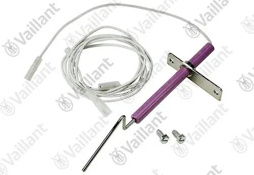 Vaillant Elektrode mit zwei Anschlüssen und Kabeln, ausgestattet mit einem metallenen Halter und einem gebogenen Ende für die Montage.